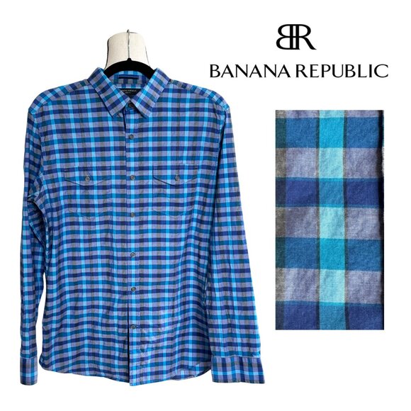 BANANA REPUBLIC Blue Green Plaid Long Sleeve Button Down Shirt Men's Slim - Picture 1 of 14
